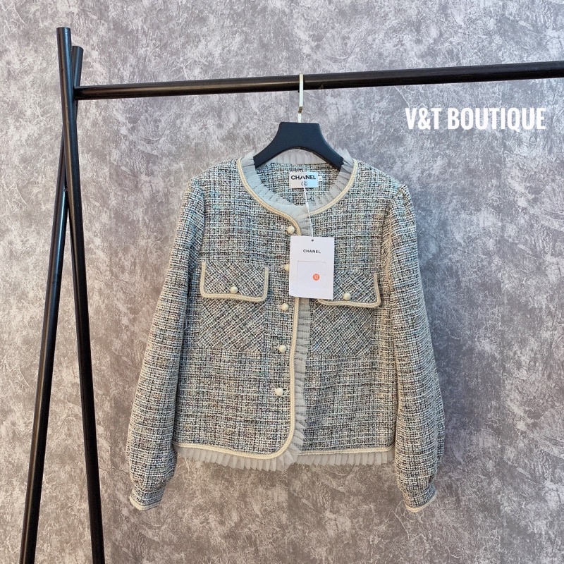 Áp khoác dạ tweed viền bèo khuy ngọc hàng QCCC chuẩn tag mác