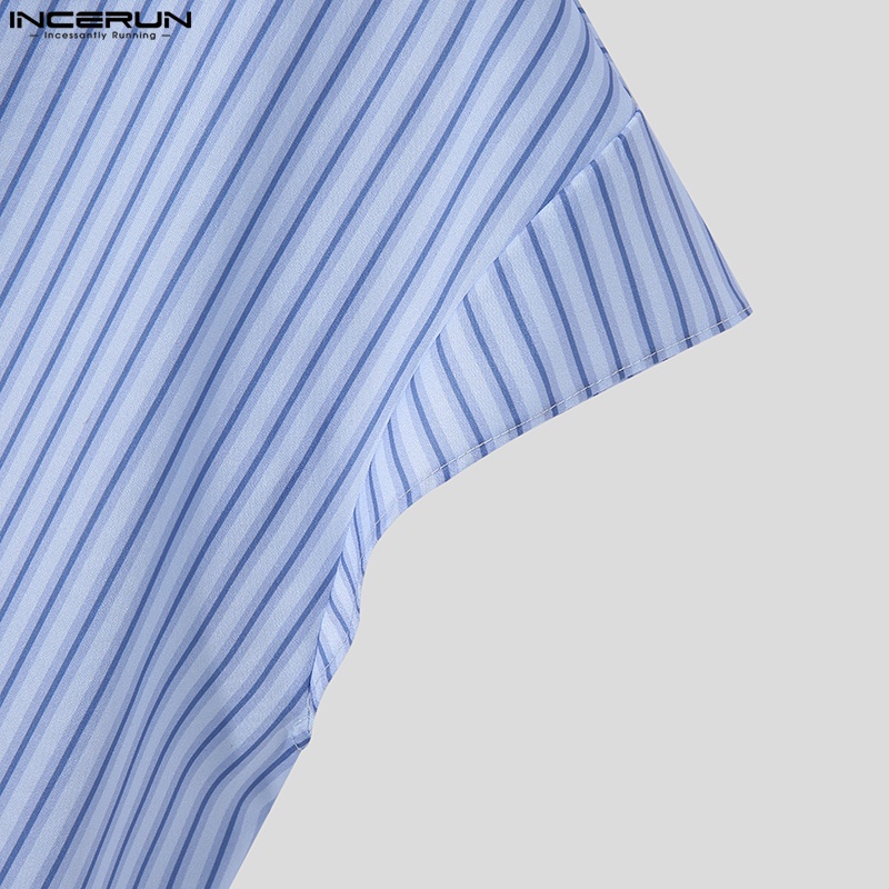 Áo sơ mi INCERUN cổ bẻ tay ngắn dáng rộng họa tiết kẻ sọc thời trang mùa hè cho nam