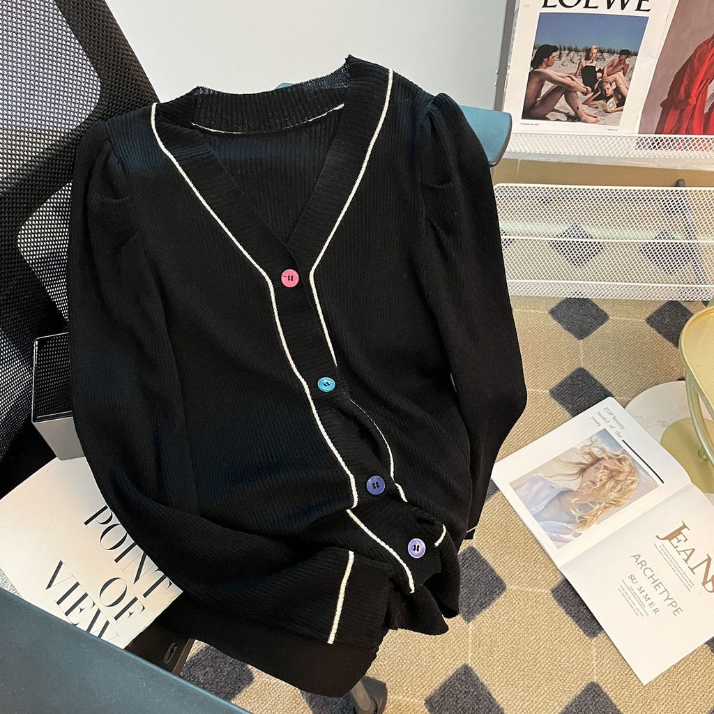 Áo Khoác cardigan Cổ Chữ V Tay Phồng Cài Nút Màu Sắc Tương Phản Thời Trang Mùa Thu Cho Nữ