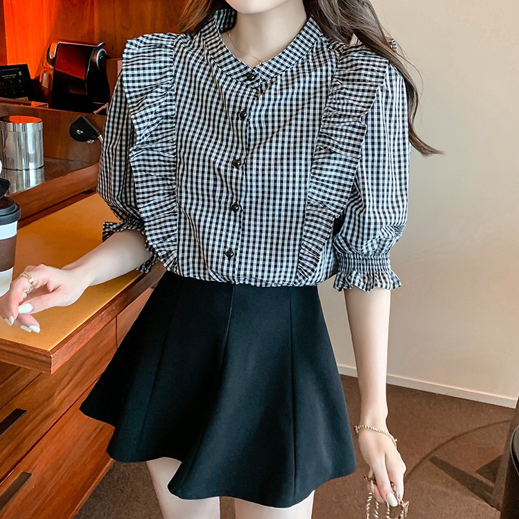 Linki ♧ Áo Sơ Mi Tay Ngắn Dáng Rộng Họa Tiết Kẻ Sọc Thời Trang Hàn Quốc Cho Nữ