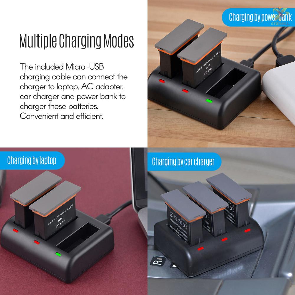 ET Charging Kit Triple Channel Charger with 2pcs 1300mAh Rechargeable Li-ion Batteries USB Charging Cable for DJI OSMO Action Camera