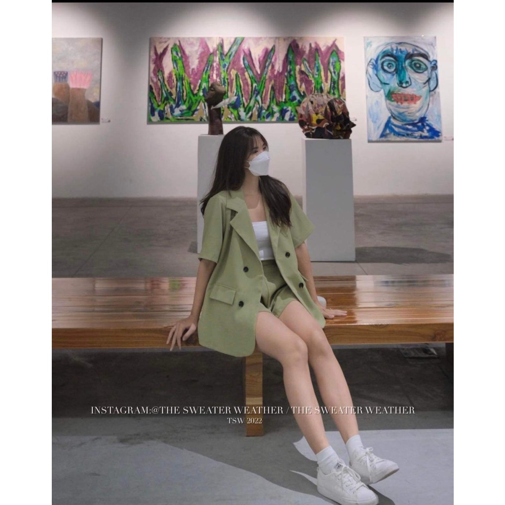 Set Sơ Mi Xanh Kèm Short Đũi LanTran Nữ [FREESHIP]  Bộ đồ học sinh form rộng tay lỡ kiểu đường phố hàn quốc Ulzzang