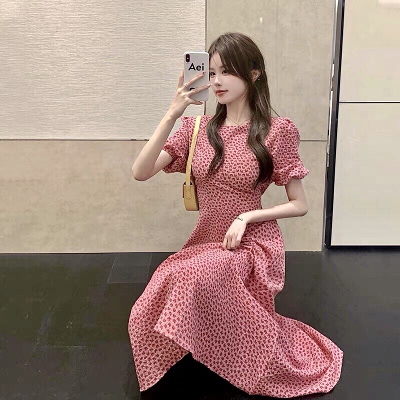 Đầm Maxi Hồng Trái Tim Thiết Kế Tay Bồng Thắt Nơ Dễ Thương✌️Ảnh Thật