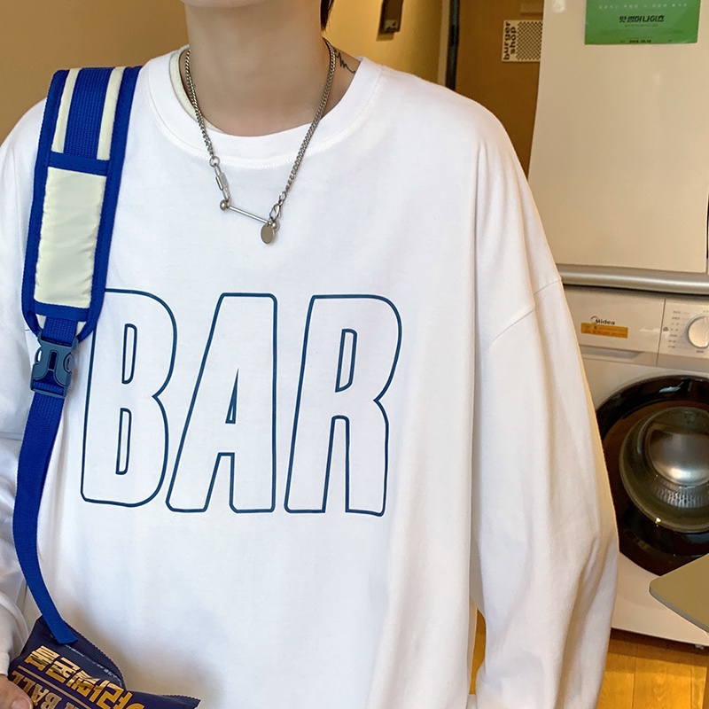 Áo thun tay dài dáng rộng in chữ phong cách Hàn Quốc thời trang trẻ trung cho nam size M-5XL