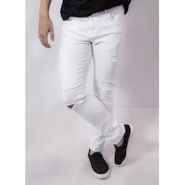 Quần Jean Skinny Rách gối In White Unisex