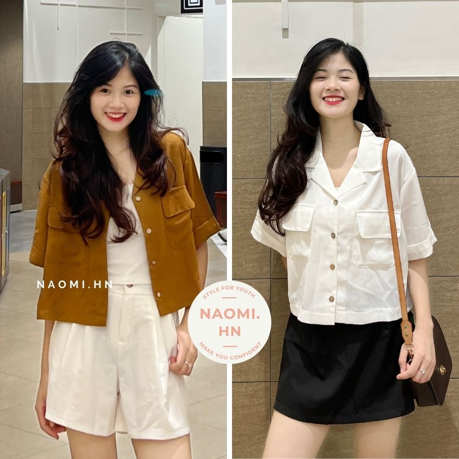 Áo sơ mi nữ cổ vest dáng ngắn croptop khoẻ khoắn trẻ trung chất đũi mát. Sơ  mi cổ V nhiều màu túi ngực dáng croptop.