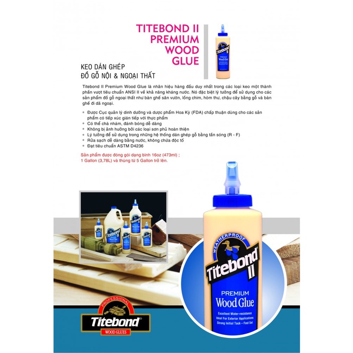 Keo ghép gỗ Keo dán Gỗ Titebond II Premium Wood Glue 473ml