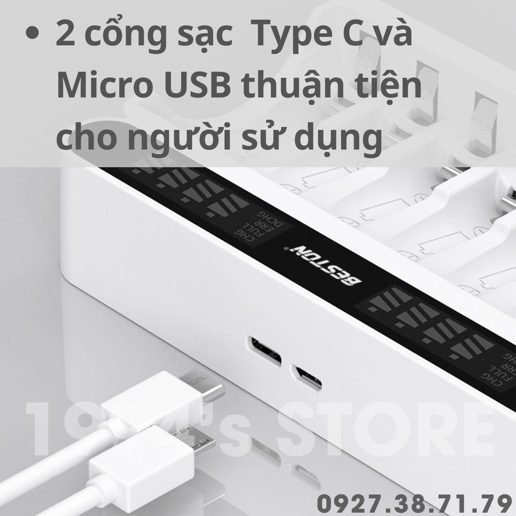 Bộ Sạc 8 pin AA AAA Beston C9024L Version 2023 sạc nhanh, tự ngắt khi đầy, đèn LED báo thông minh,Cổng sạc Type C
