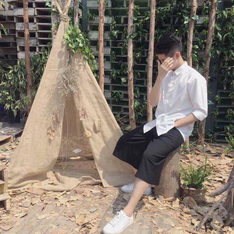 Quần ống rộng nam culottes form unisex - Đen trơn lưng thun dây rút