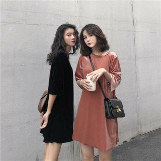 Áo nhung trơn cổ tròn trùm mông form rộng dài tay lỡ