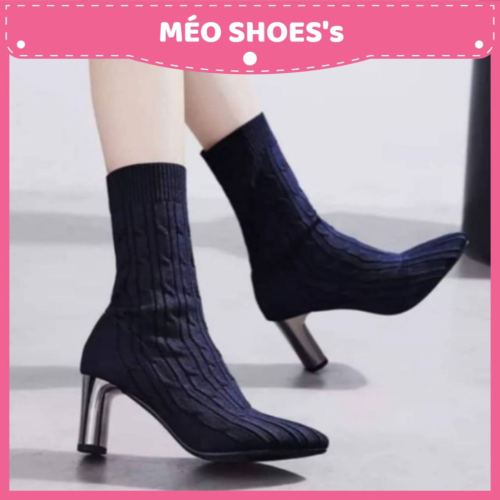 [MÉO SHOE] Boots len nữ cao cổ gót bạc 7 phân màu đen sang chảnh