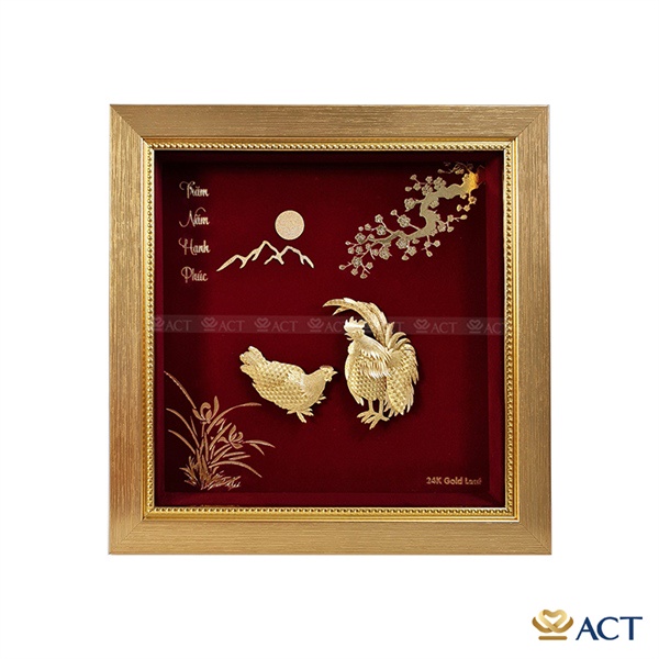 Tranh đôi gà tre dát vàng 24k (24x24 cm)