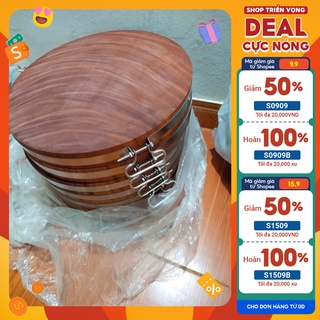 Thớt gỗ nghiến Tây Bắc 34, đường kính 34cm không tâm, có đai Inox 304 / quai sắt