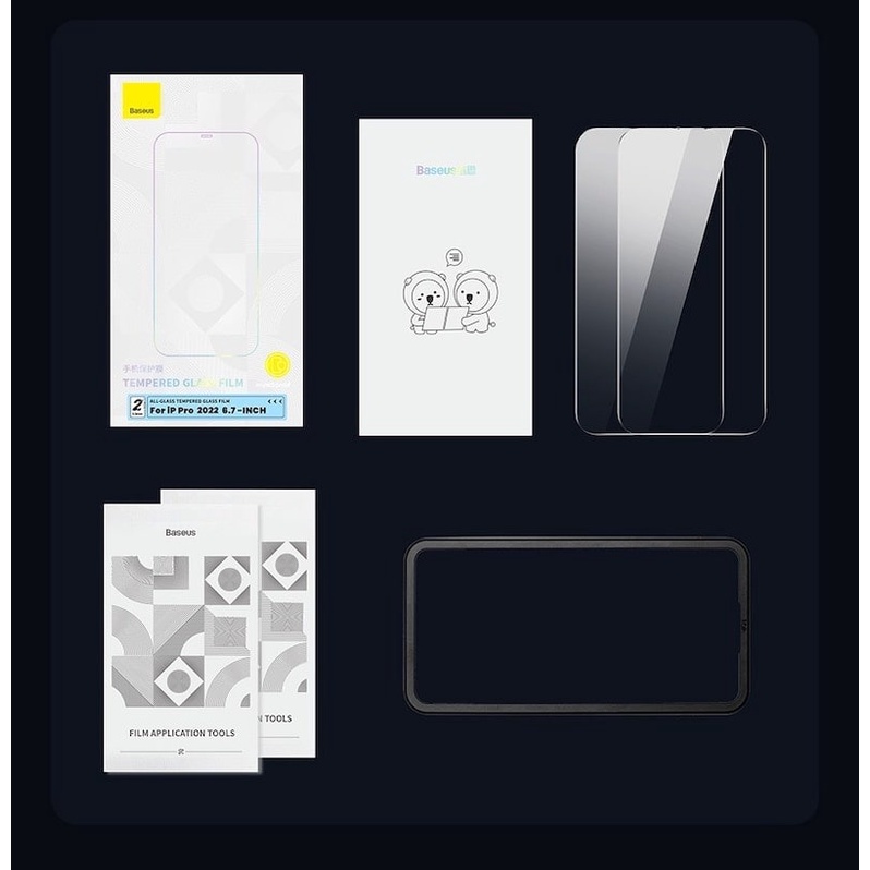 KÍNH FULL MÀN không viền đen KÈM KHUNG TRỢ DÁN BASEUS cho iPHONE 13 -> 14 PROMAX