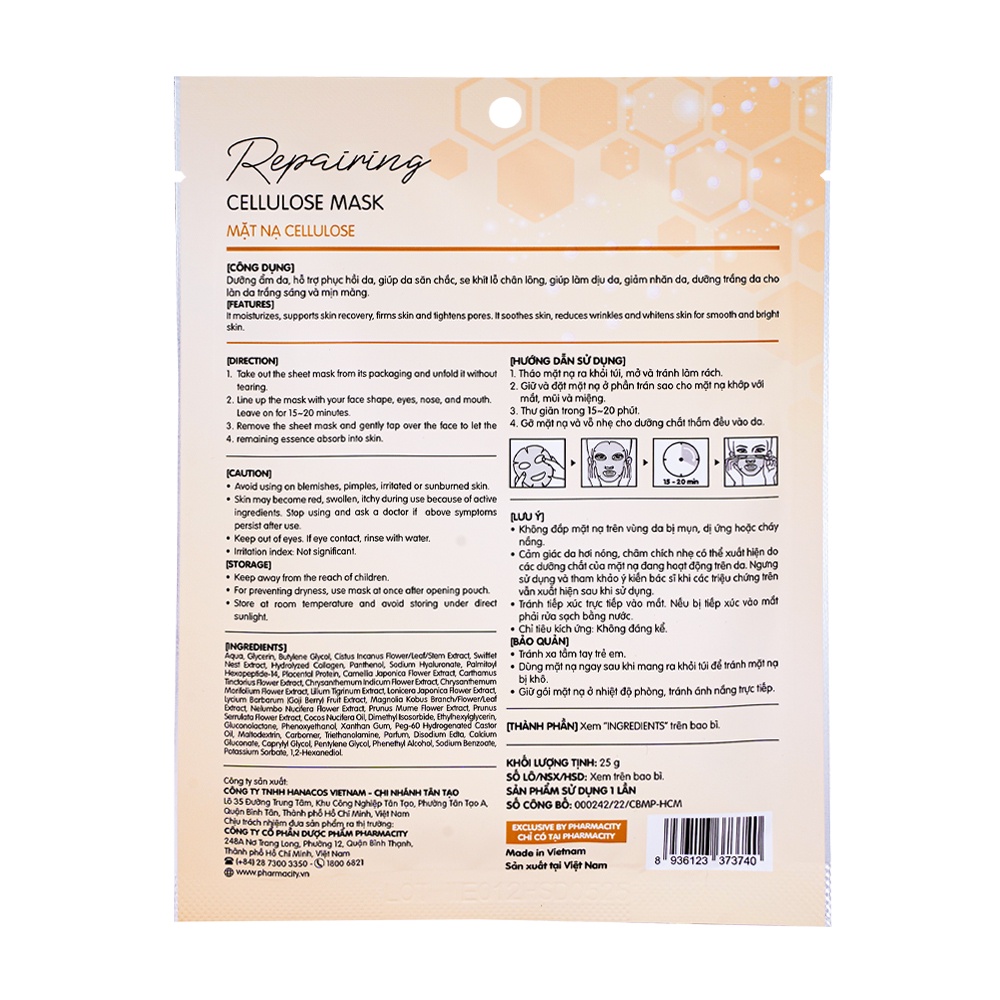 Mặt nạ Pharmacity tinh chất Repairing Cellulose Mask (25g)