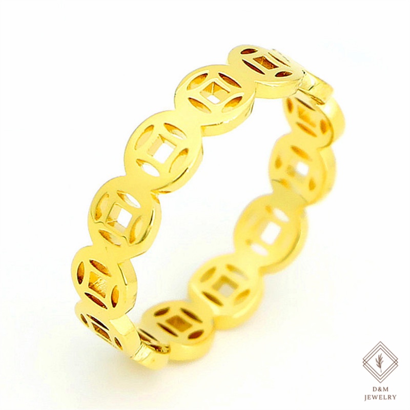 Nhẫn Thép Không Gỉ Mạ Vàng 18K Hình Đồng Xu May Mắn Phong Cách Retro