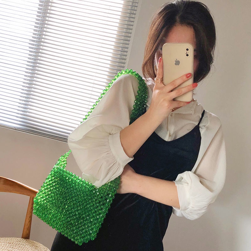 Túi Xách Đeo Vai Đính Hạt Ngọc Lục Bảo Thủ Công Phong Cách Retro