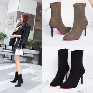 Boots cổ ngắn nữ, cao gót, mũi nhọn, gót nhỏ, co dãn, phong cách Quốc
