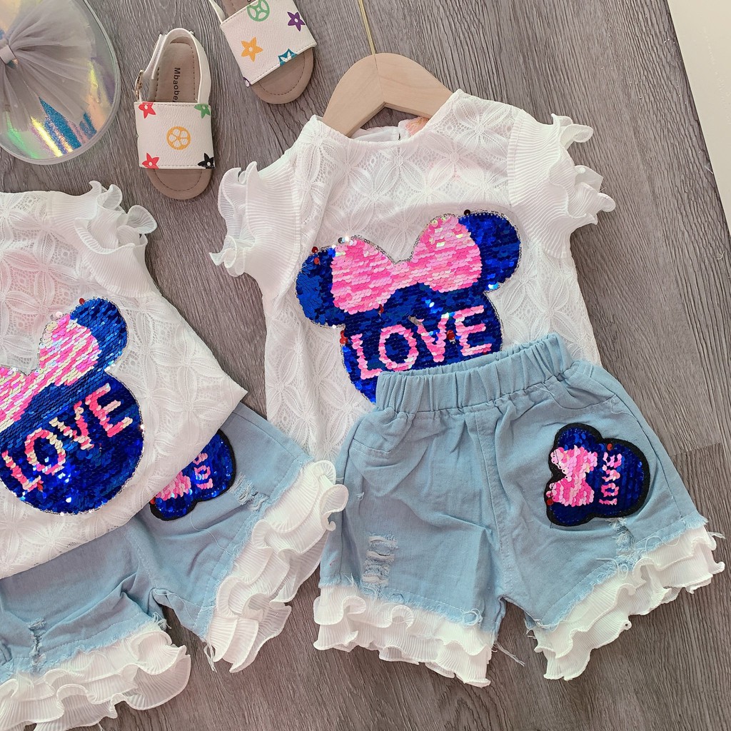 Set mickey nơ đính kim sa chữ Love nhóng nhánh cực hot cho bé