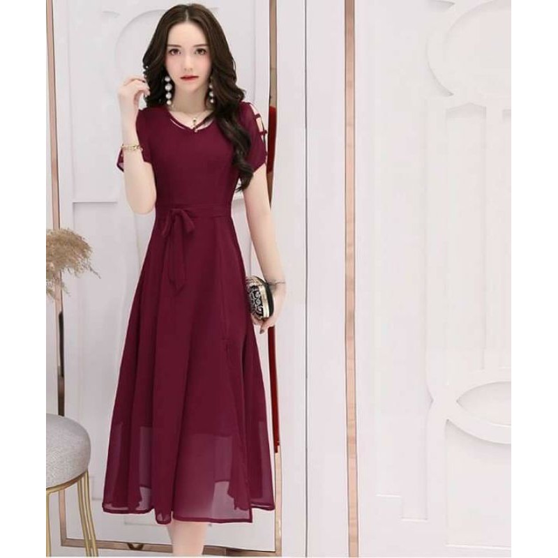 Hàng nhập - Đầm dáng xòe chiffon xẻ tà, váy maxi dạo phố