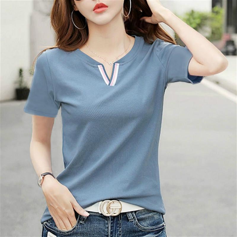 Áo Thun cotton Tay Ngắn Cổ Chữ V Dáng Rộng Màu Sắc Đơn Giản Phong Cách Hàn Quốc Dành Cho Nữ