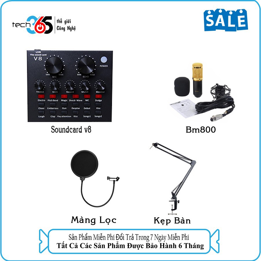 Combo Mic Thu Âm BM800, Soundcard V8, Ma2, Cần Kẹp Bàn, Màng Lọc