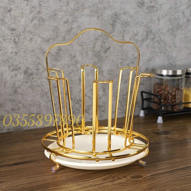 Úp cốc Inox vàng gương có khay hứng nước kèm núm bọc chống trượt