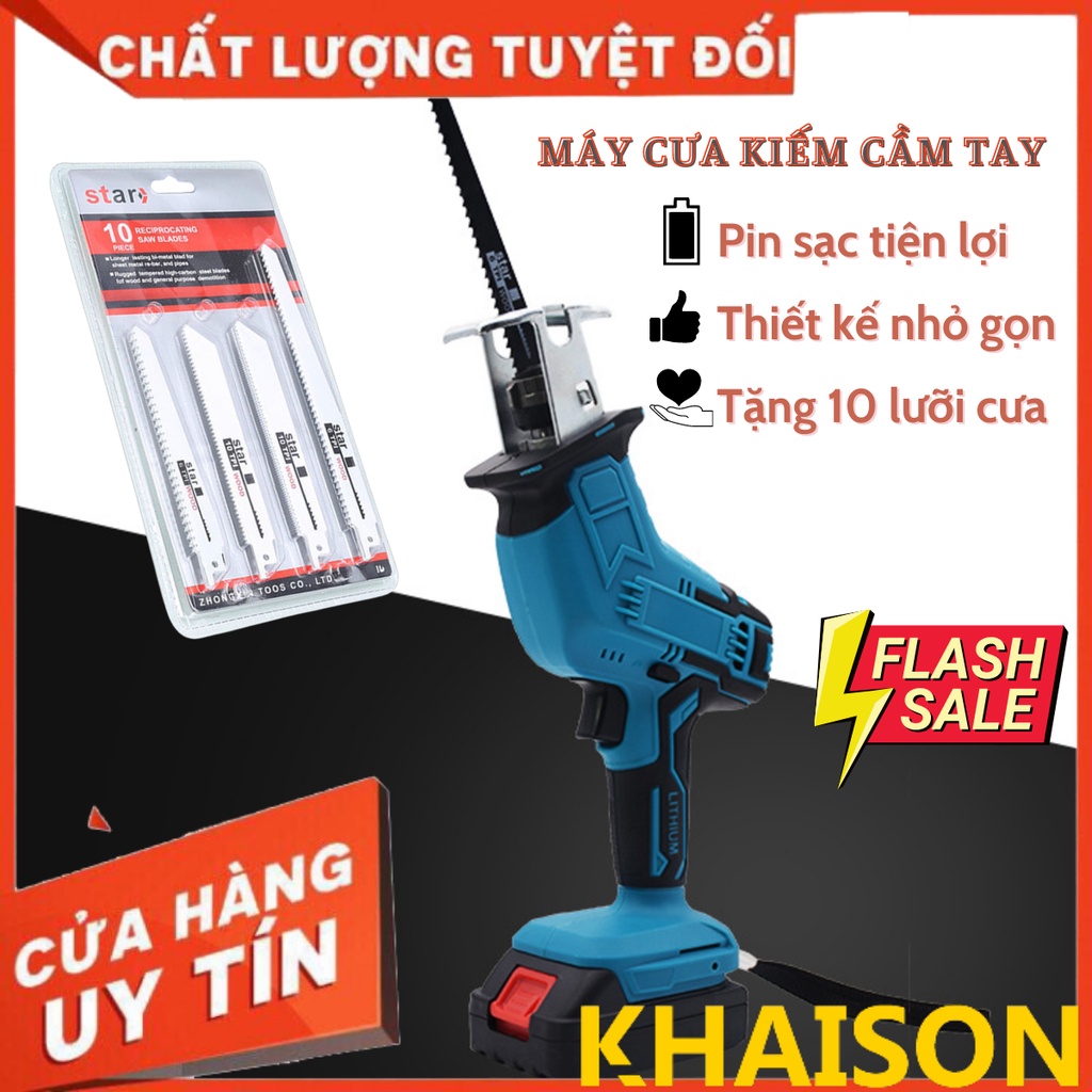 Máy cưa kiếm cắt gỗ, sắt, nhựa dùng pin có thể sạc KHAISON, bộ 10 lưỡi cưa chuyên dụng