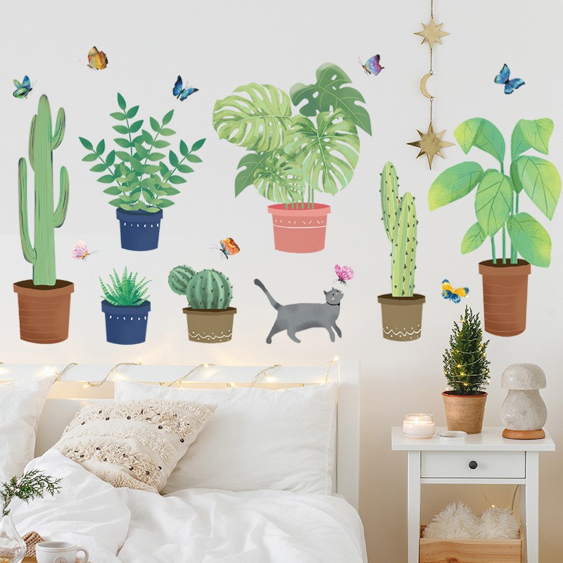 [ĐẠI HẠ GIÁ] Decal dán tường nhiều chi tiết chậu cây xanh và động vật, tranh trang trí phòng khách, phòng ngủ siêu đẹp