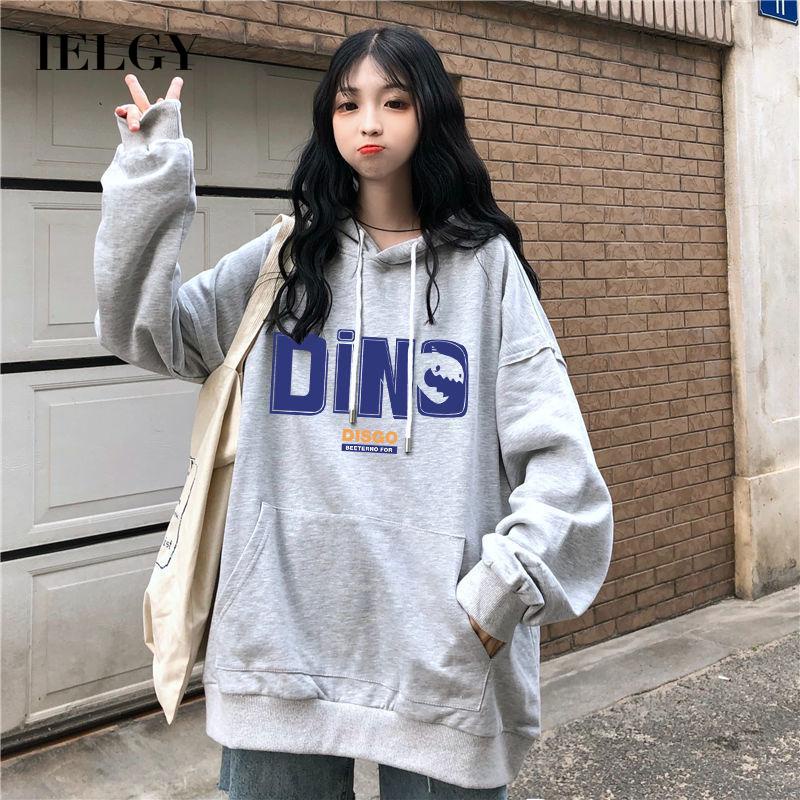IELGY    Áo hoodie Nhung Tay Dài Dáng Rộng Phong Cách Hàn Quốc Dành Cho Nữ