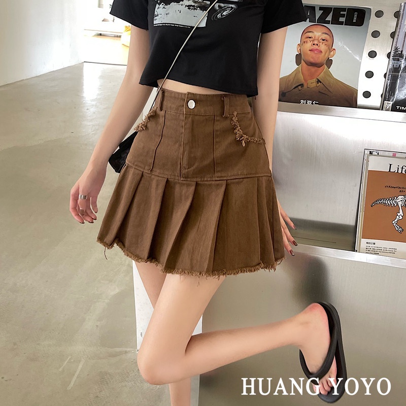 HUANG YOYO Chân váy jean Xếp Ly Lưng Cao Thời Trang Hàn Dành Cho Nữ 2023
