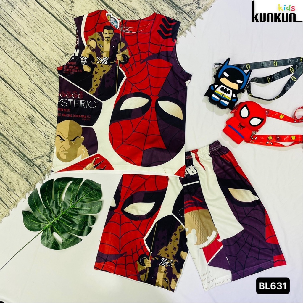 Quần áo trẻ em KUNKUN BL631 hình người nhện spiderman đỏ size đại từ 10-60kg - Bộ ba lỗ bé trai thun lạnh thoáng mát
