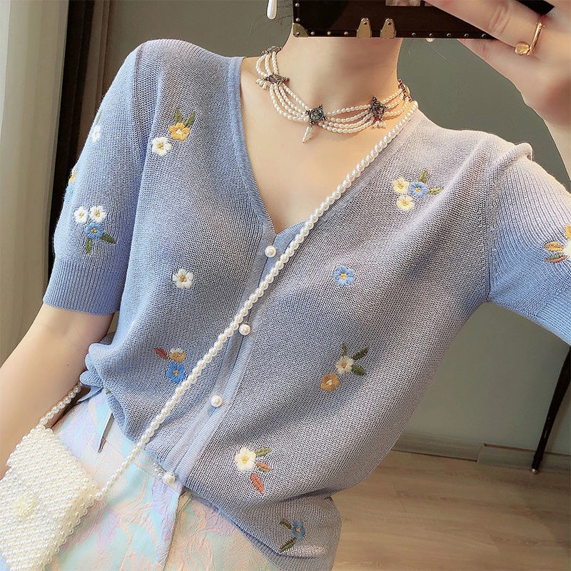 Áo cardigan dệt kim tay ngắn cổ chữ v phong cách Hàn Quốc thời trang mùa hè 2021