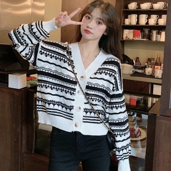 Áo Khoác Cardigan Cổ Chữ V Form Rộng Họa Tiết Kẻ Sọc Thời Trang Mùa Thu Phong Cách Hàn Quốc Mới Cho Nữ