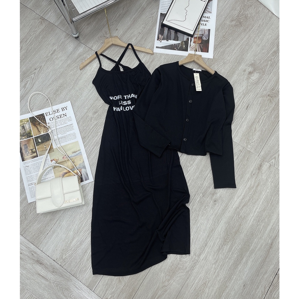 Set 2 món váy áo body chữ đan chéo dây mix áo khoác ngoài dài tay DN120