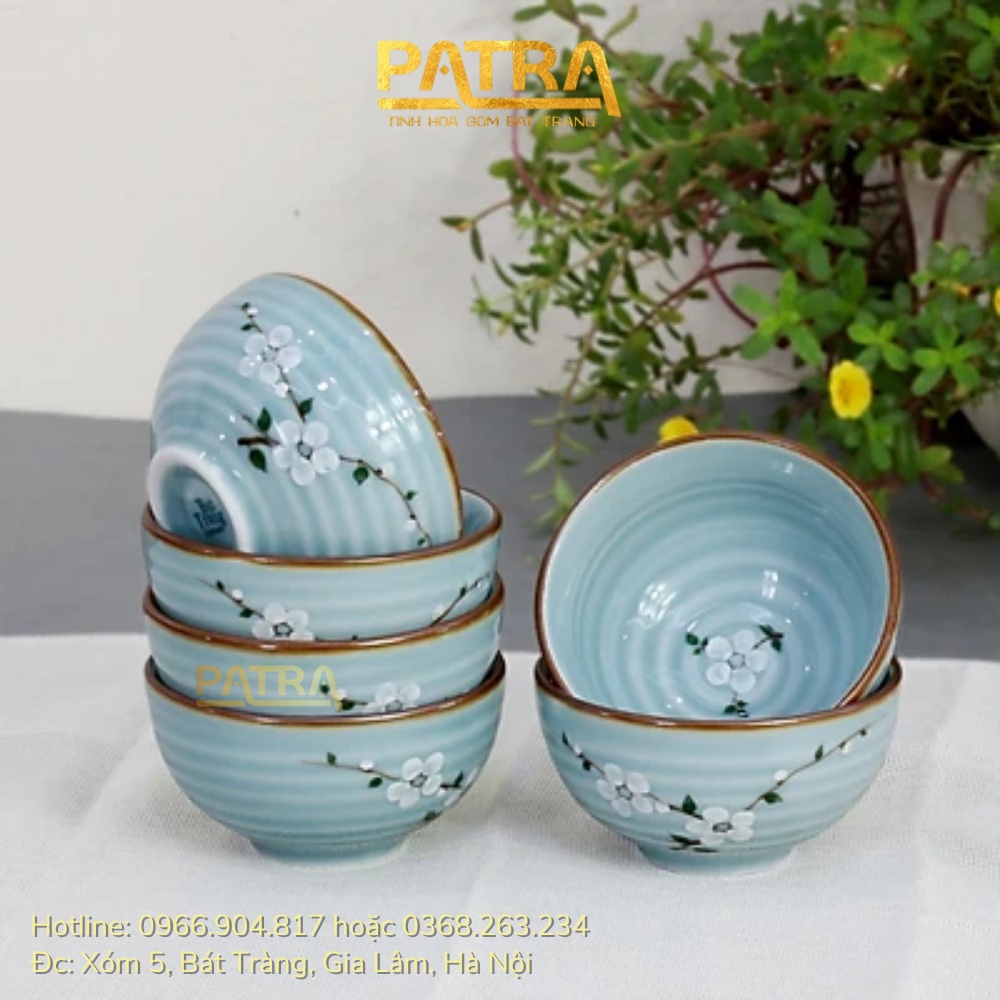 Bát tô sứ, tô canh sứ Bát Tràng cao cấp men lam ngọc vẽ hoa anh đào trắng
