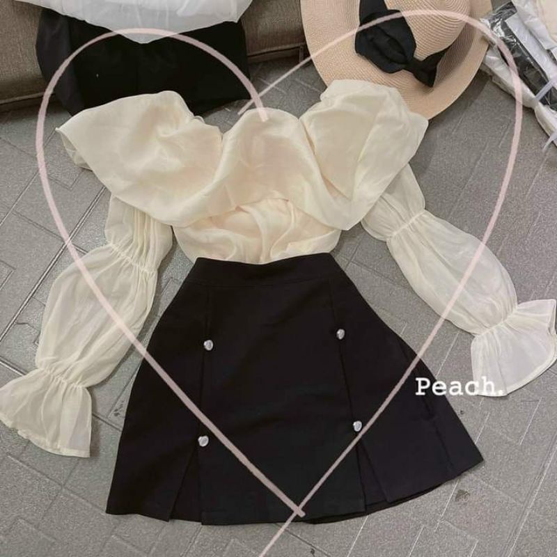 SET ÁO BẸT VAI TAY KHÚC + CHÂN VÁY ĐEN ĐÍNH NÚT