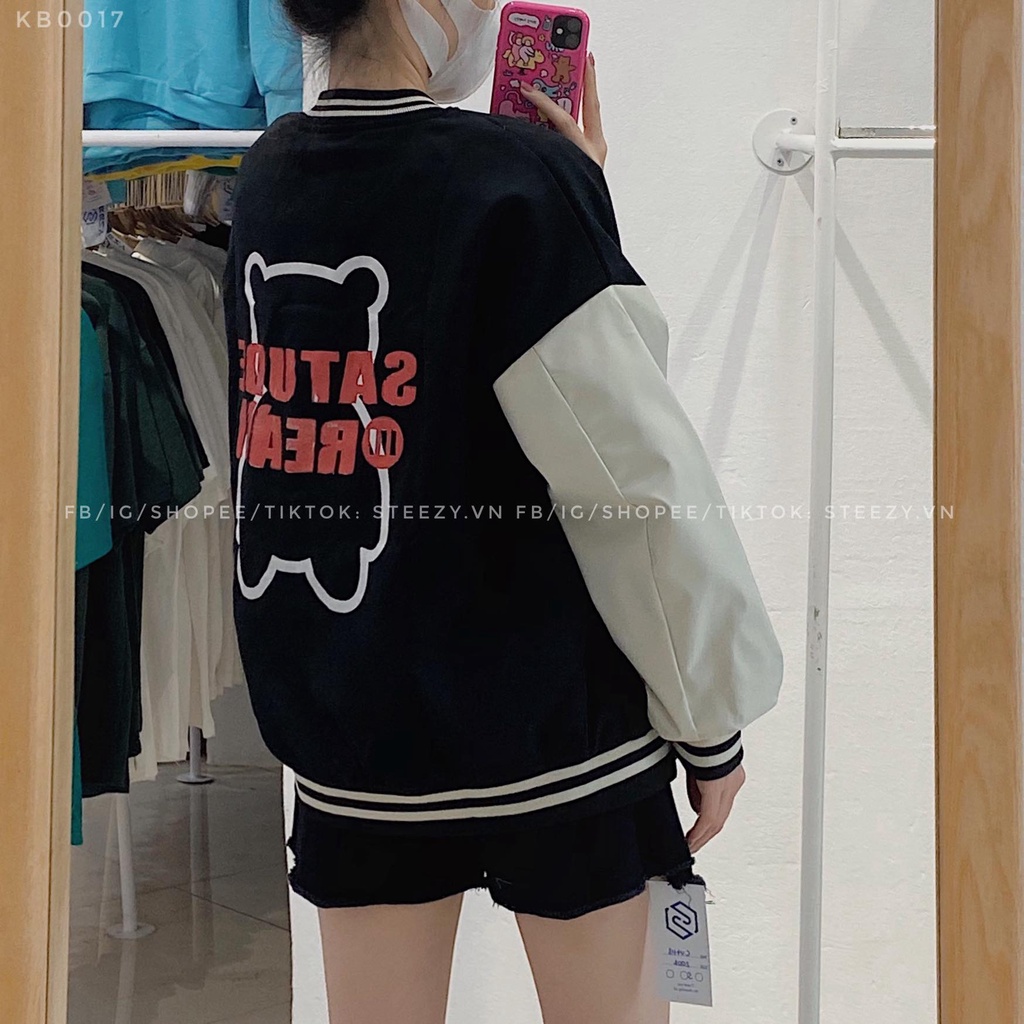 [KB0017] Áo khoác bomber vải da lộn mặt nhung lót gió in hình gấu chữ SA TU DE form rộng (Có sẵn/Ảnh thật)