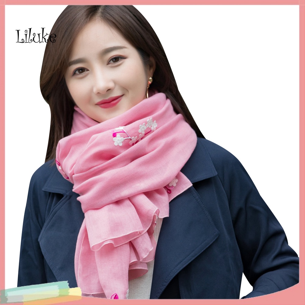 Khăn Choàng Cotton Linen Mềm Thêu Hoa Xinh Xắn Cho Nữ