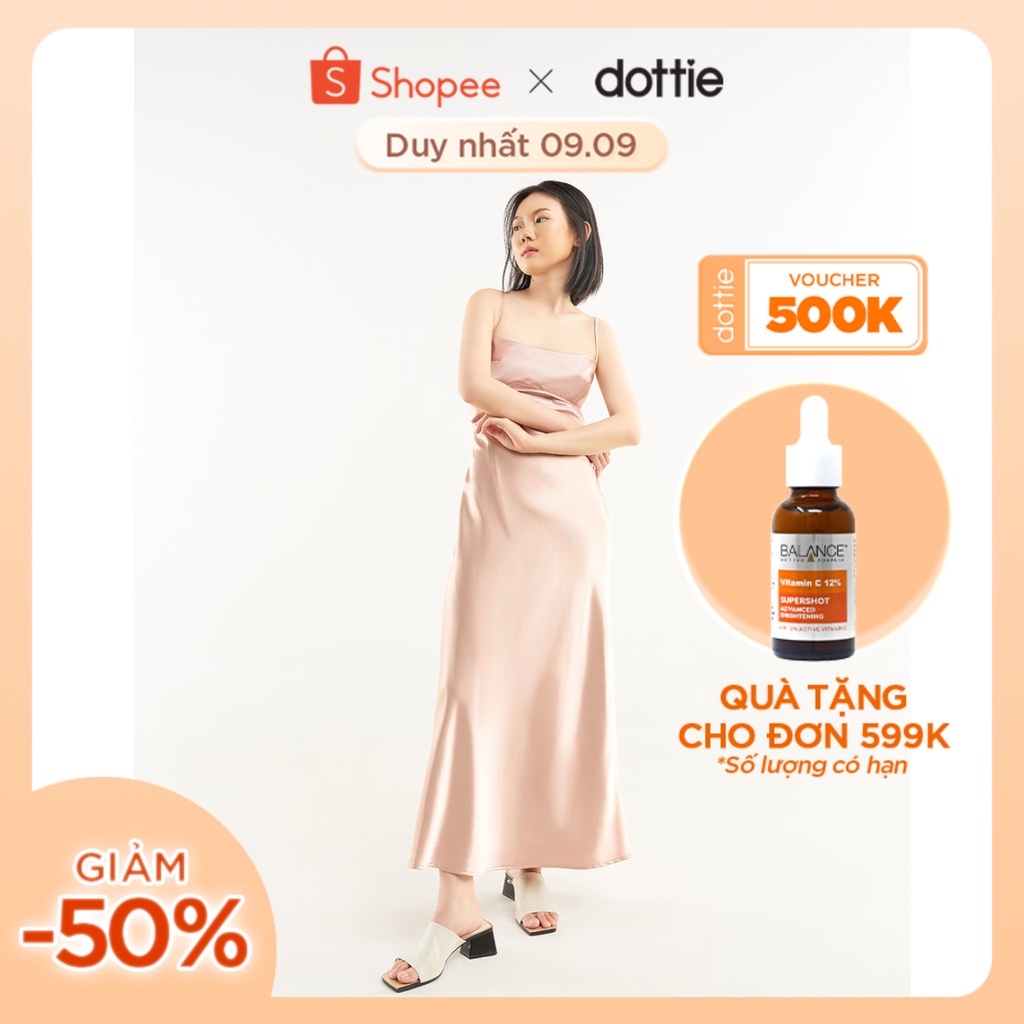 DOTTIE - Đầm midi hai dây vải lụa nữ màu da D0383