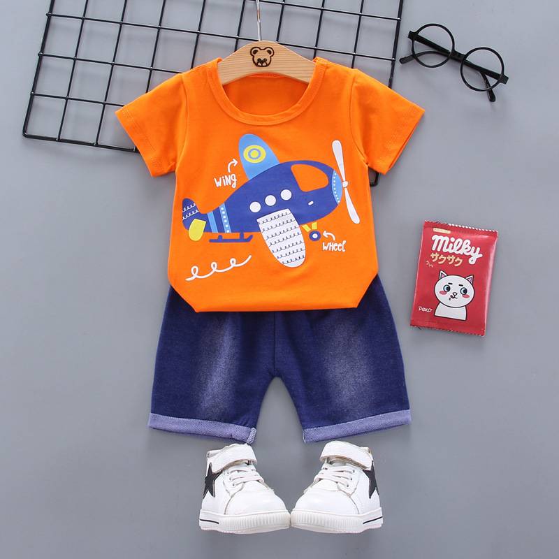 0-5 tuổi Chàng trai Thời trang Mùa hè Trẻ em Quần áo ngắn tay Chàng trai Máy bay In ngắn tay + Quần short denim Bộ 2 mảnh