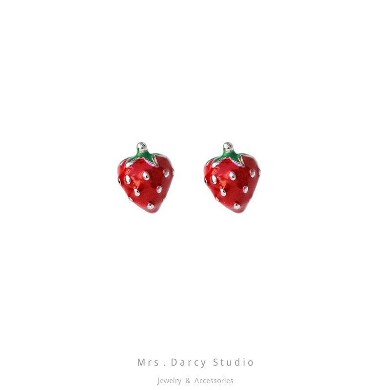 MRS.D【In Stock】100% Sterling Silver Red Strawberry S925 Earrings Stud Earrings Colors of Zircon Jewelry Gift Ear Clips Minimalist Earring Design Jewelry Girls Allergy Free