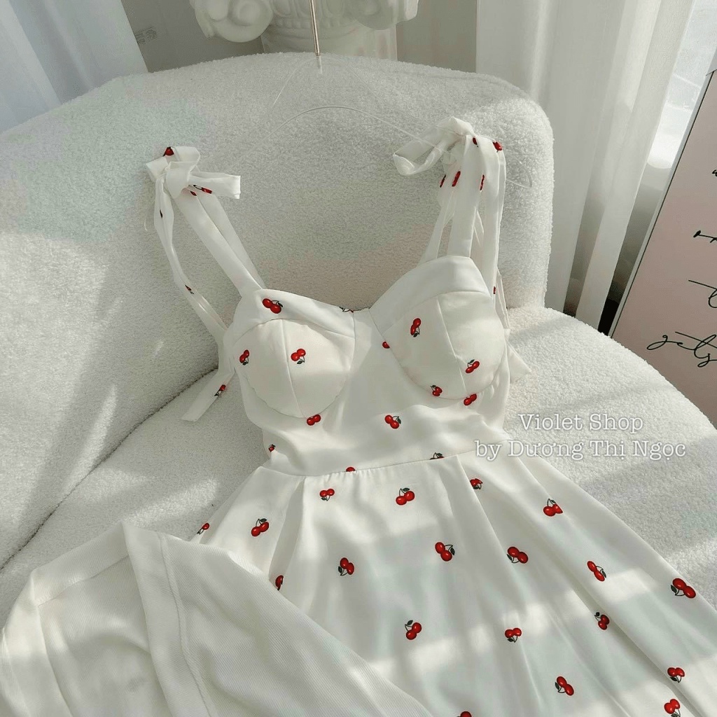 Sét Đầm 2 Dây kèm Áo Khoác Thun Gân Trắng Họa Tiết Cheery Ngọt Ngào Chất Lụa Có Mút Ngực Mặc Đẹp [NEW UNISEX]
