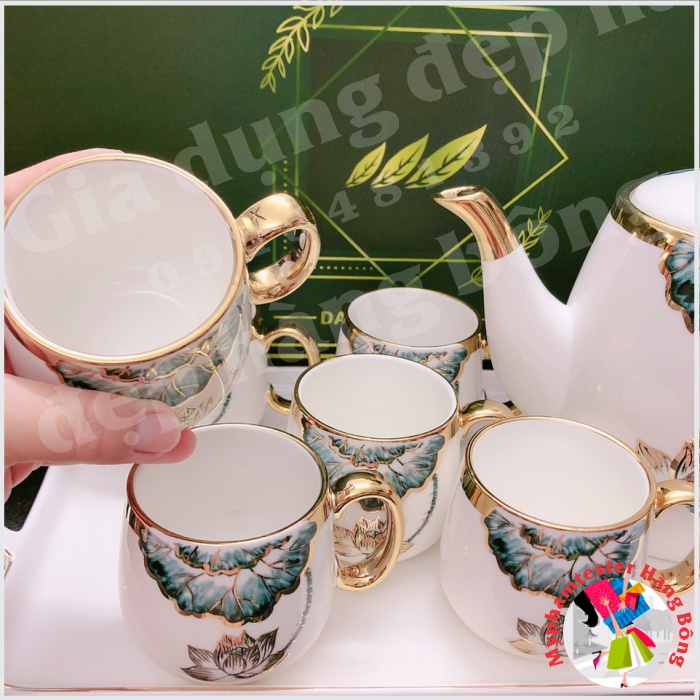 (HÀNG ĐẸP) Bộ ấm chén sứ sen xanh viền vàng cao cấp mã Y16-1