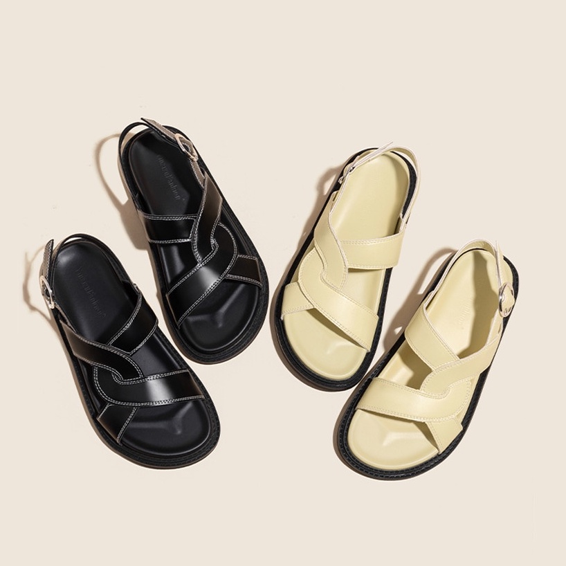 Giày Dép sandal đế phẳng mũi tròn thiết kế quai đan chéo thoải mái thời trang Hàn Quốc cho nữ