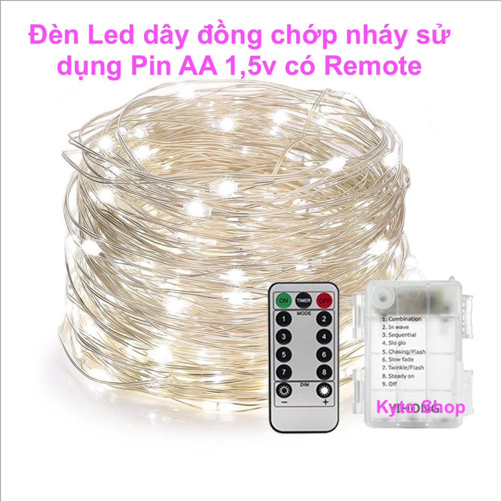 (GIÁ HỦY DIỆT) 10m Đèn led dây đồng chớp nháy có Remote điều khiển sử dụng pin AA dùng trang trí phòng ngủ, phòng khách