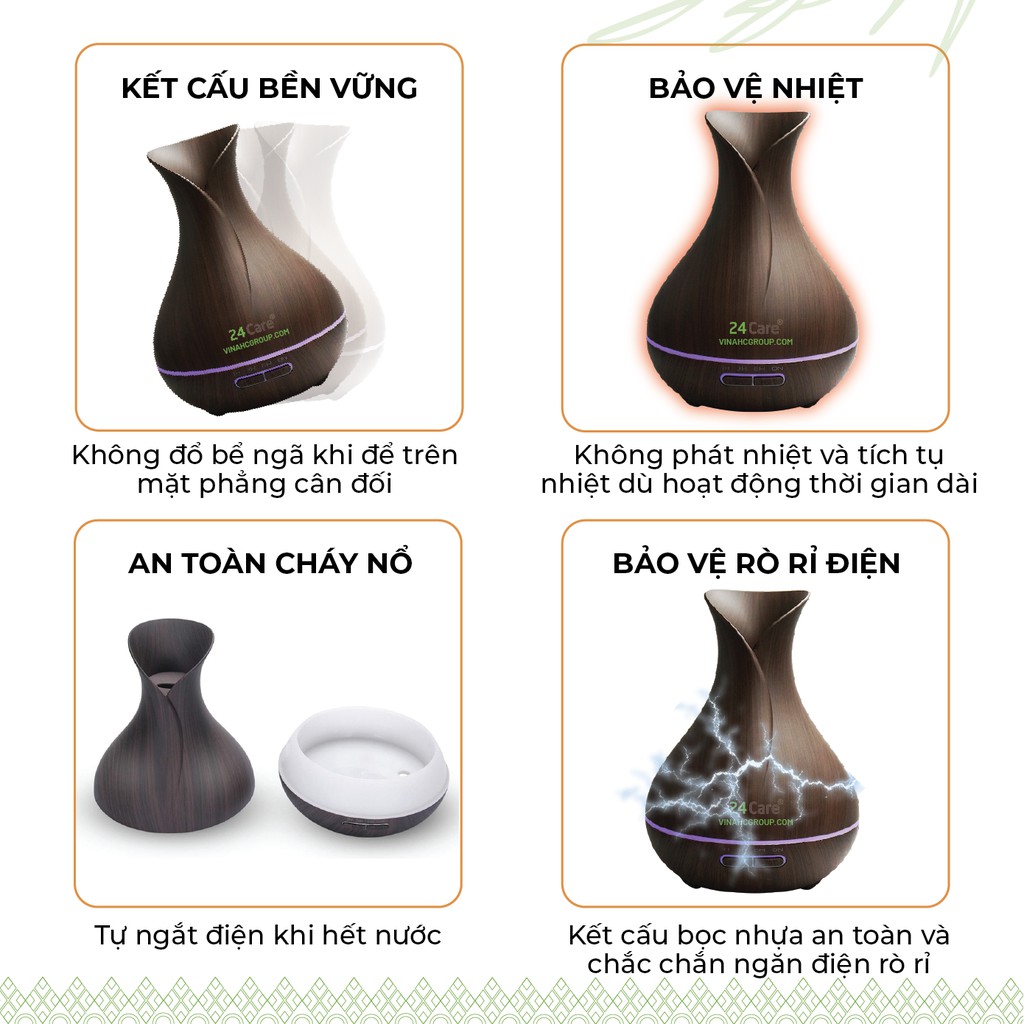 Máy khuếch tán tinh dầu 24care hình Tulip màu đen dung tích 500ml có đèn 7 màu thay thế đèn ngủ