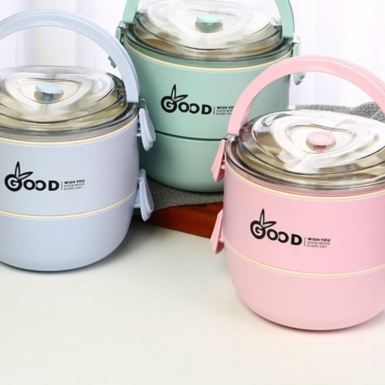 Hộp đựng cơm giữ nhiệt 2 tầng, cặp lồng đựng cơm lúa mạch giữ nhiệt đồ ăn, ruột Inox, kèm thìa đĩa muỗm siêu tiện dụng