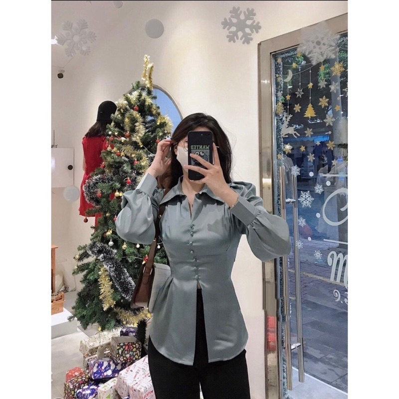 Áo sơ mi lụa tay phồng xẻ đinh cột sơ sau