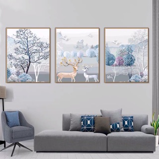 Tranh số hoá sơn dầu-tự tô- tranh treo trang trí bộ ba Hươu thịnh vượng